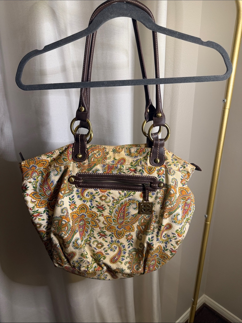 Gianni Bini Cream Paisley Shoulder Bag with Brown Handles